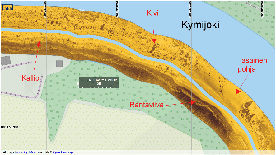 Viistokaikukuvaa Kymijoen pohjasta Korialta